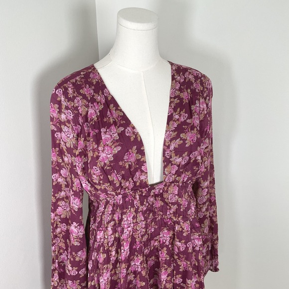 Free People Floral Mini Dress Plunging Neckline Smocked Waist Long Sleeve XL - Picture 2 of 10